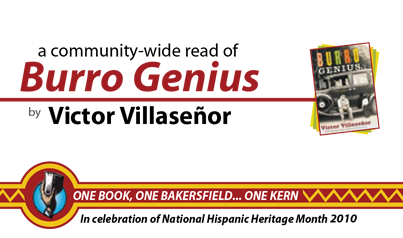 advertisement for the community-wide read of "Burro Genius" by Victor Villasenor