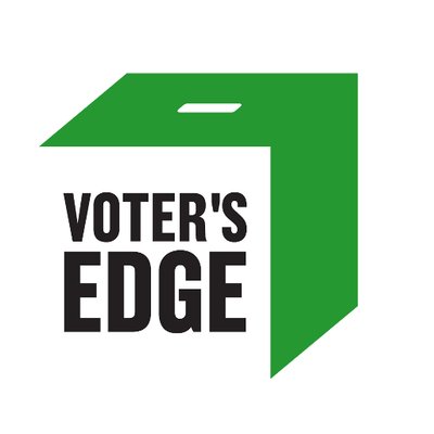 green and white square box and words 'Voter's Edge'