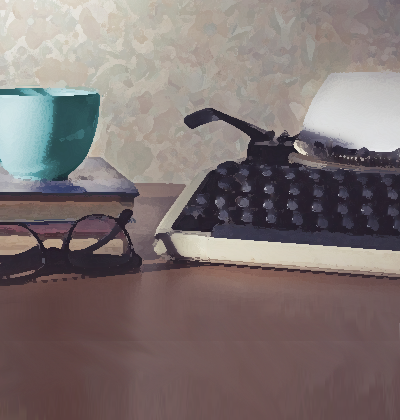 image: typewriter, books, coffee cup and eyeglasses